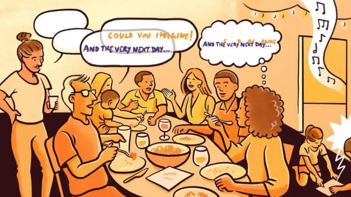 The so-called "cocktail effect" is the ability to focus your attention on a particular speaker while filtering out other competing voices or background noise. Illustration courtesy of Zuckerman Institute, Columbia University.