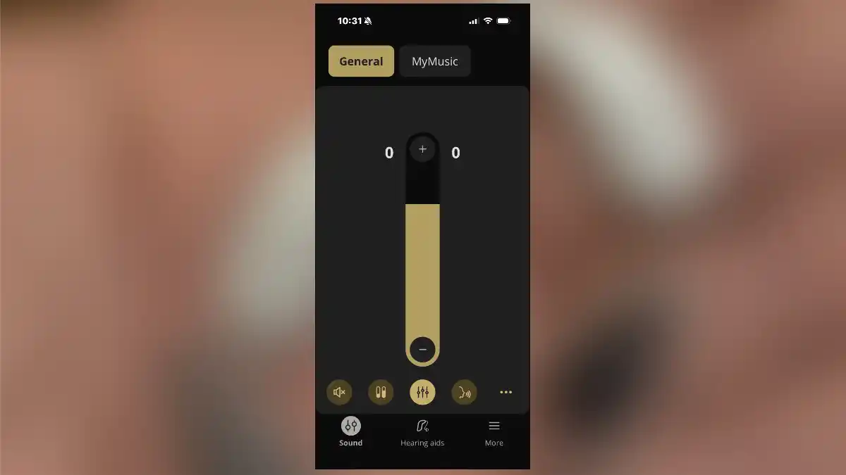 The Oticon Companion app main screen gives you quick access to the primary hearing aid functions.