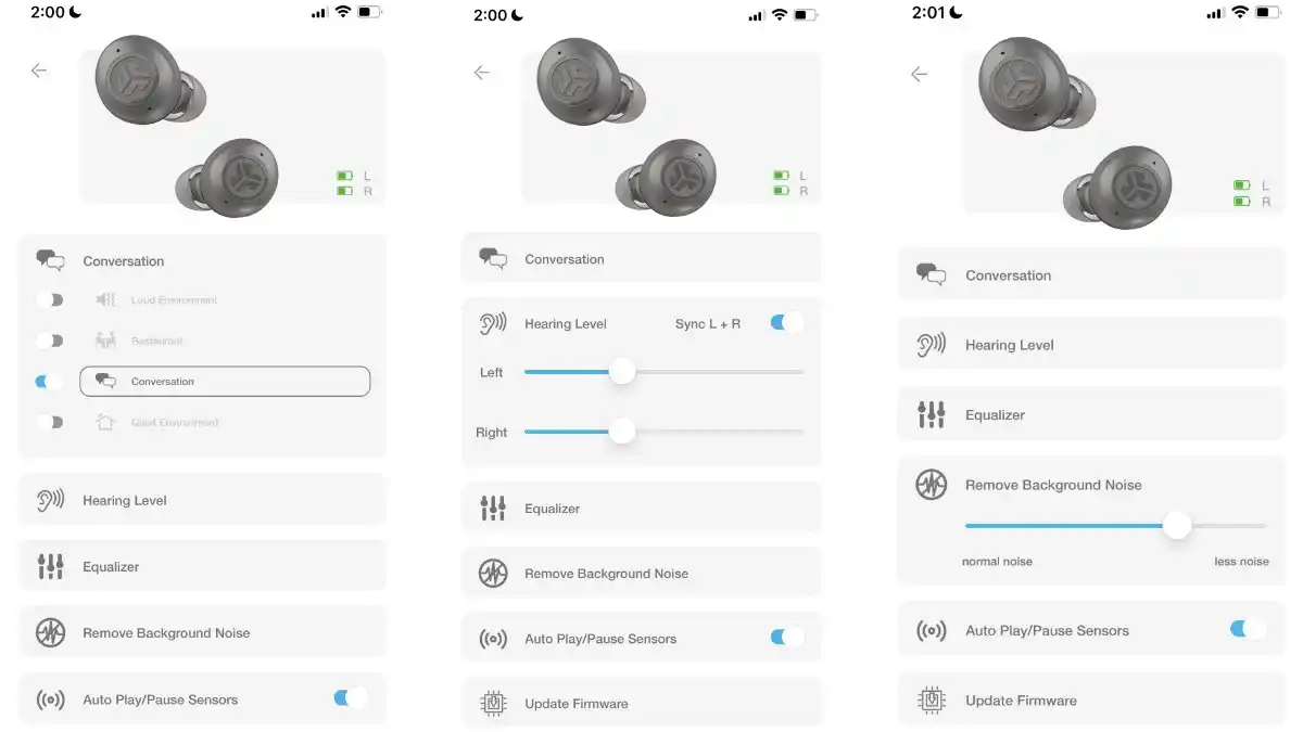 The JLab Hearing Health App offers you various tabs for personalizing your listening experience. Here you can see the Preset, Volume, and Background Noise controls (left to right, respectively). One trick within the Preset tab is you can disable unwanted sound modes, making it easier for you to cycle between programs with touch controls. 