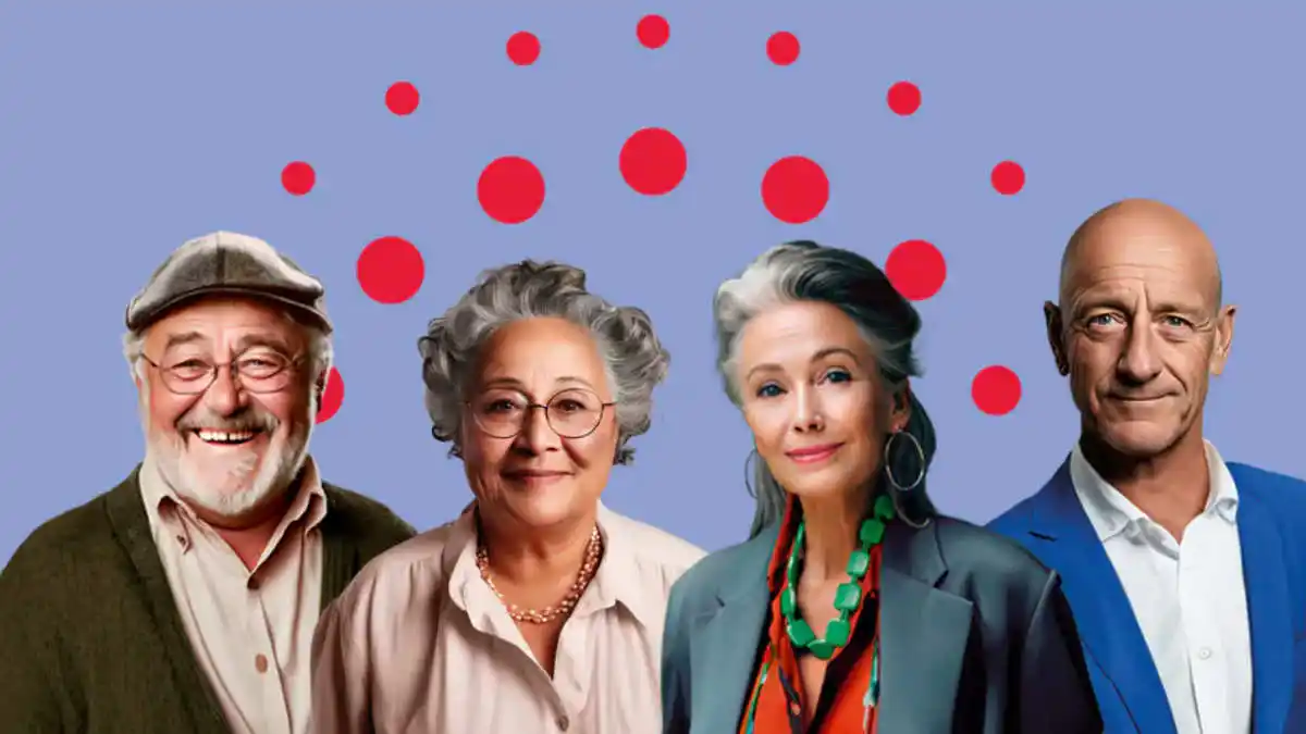 Two men and two women with red bernafon circles surrounding them