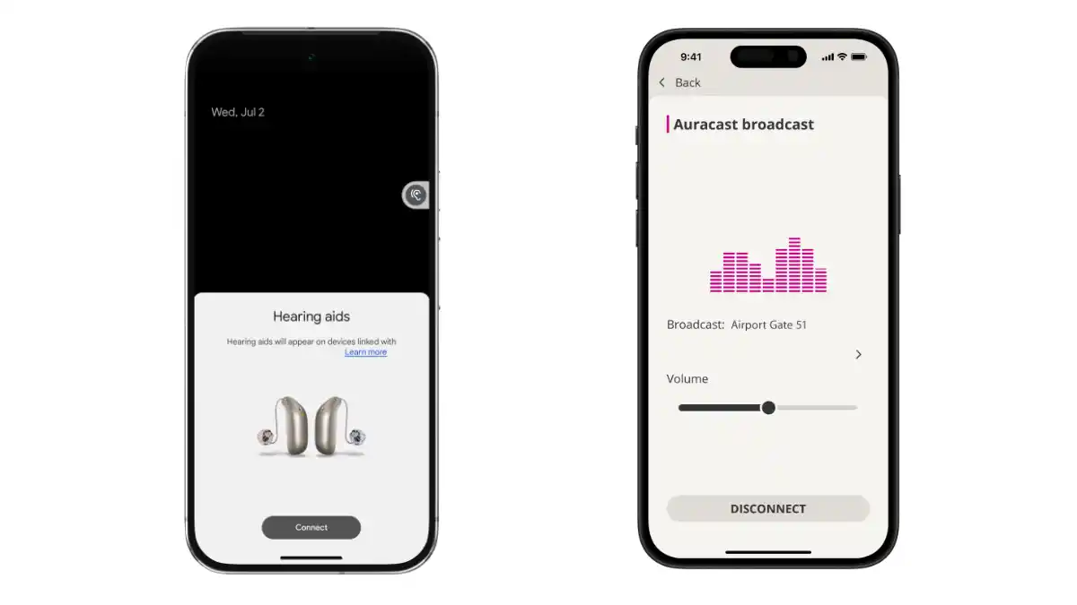 Left: Google Fast Pair, a stand-alone feature. Right: Auracast Broadcast screen in the Oticon Companion App.