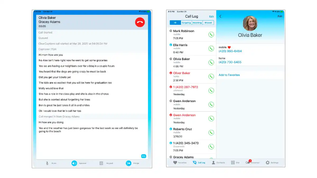 ClearCaptions app screen of text from the Call History (left) and Call Log (right) menus.