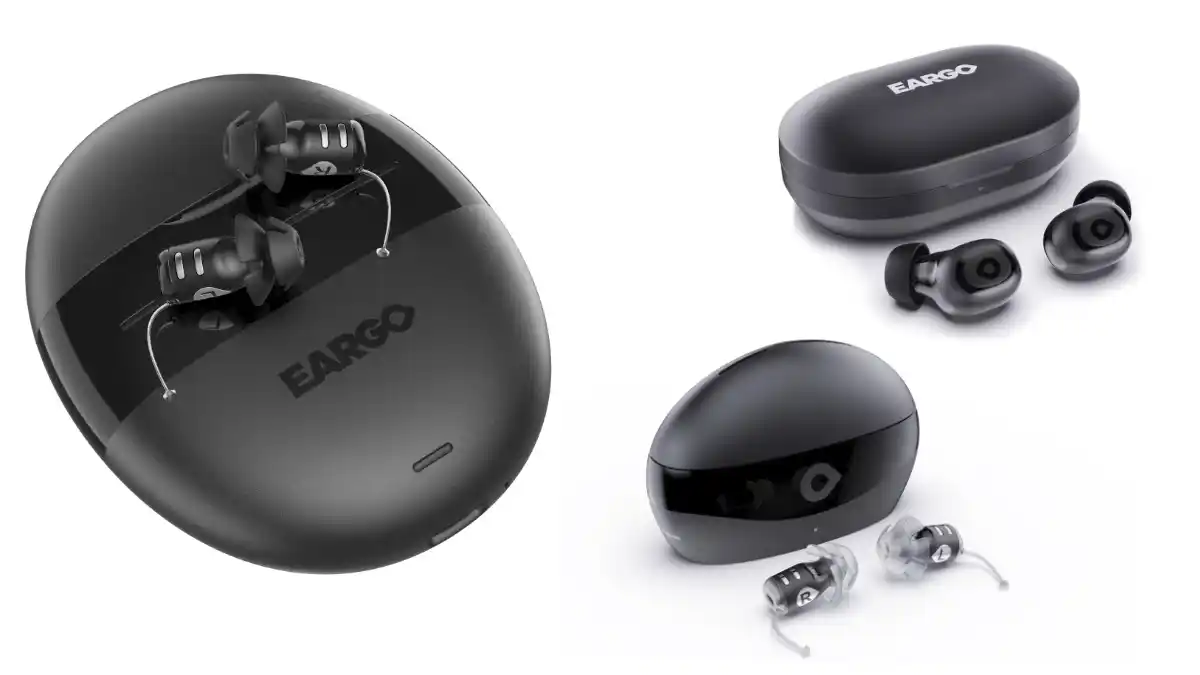The current Eargo product lineup (clockwise from left): Eargo 8 CIC, Link by Eargo in-ear/earbuds, and Eargo SE.
