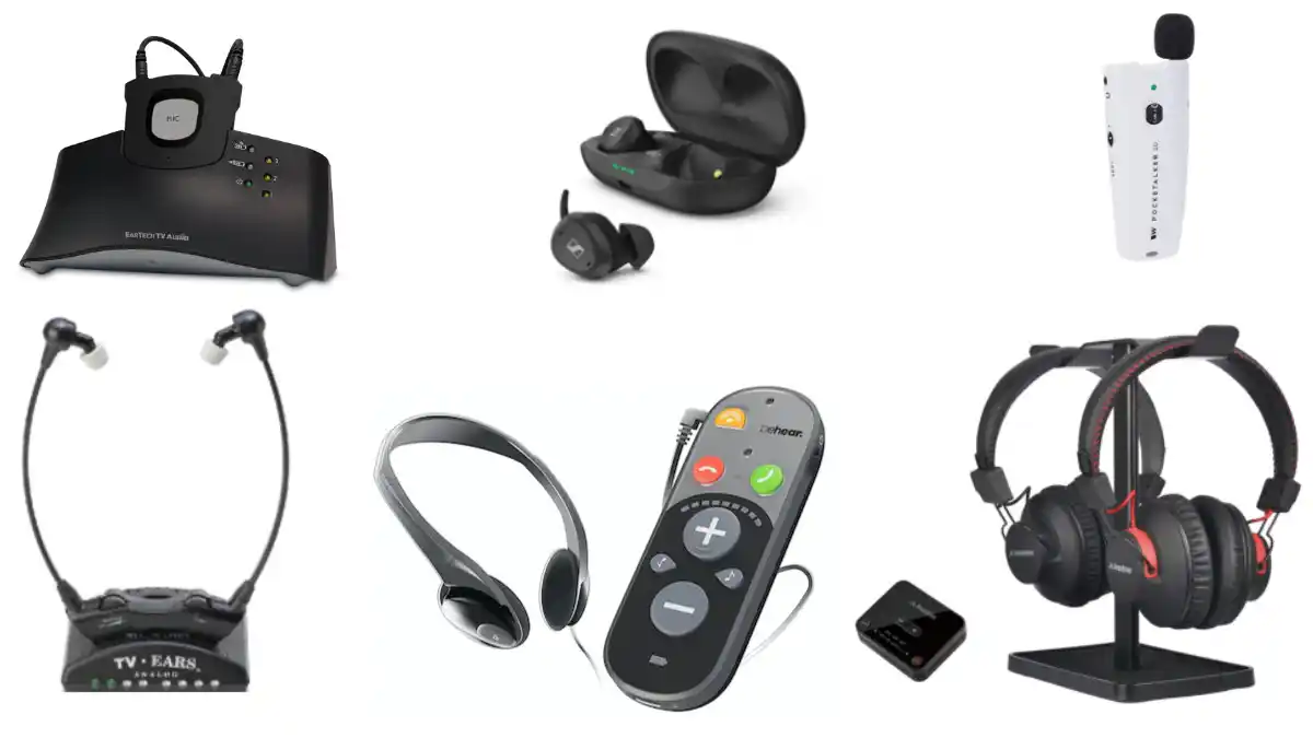 Examples of TV headphones and listening systems include (clockwise from top left): EarTech TV, Sennheiser TV Clear, Williams Sound Pocketalker, Avantree TV listening set, Behear smarto, and TV Ears headset.