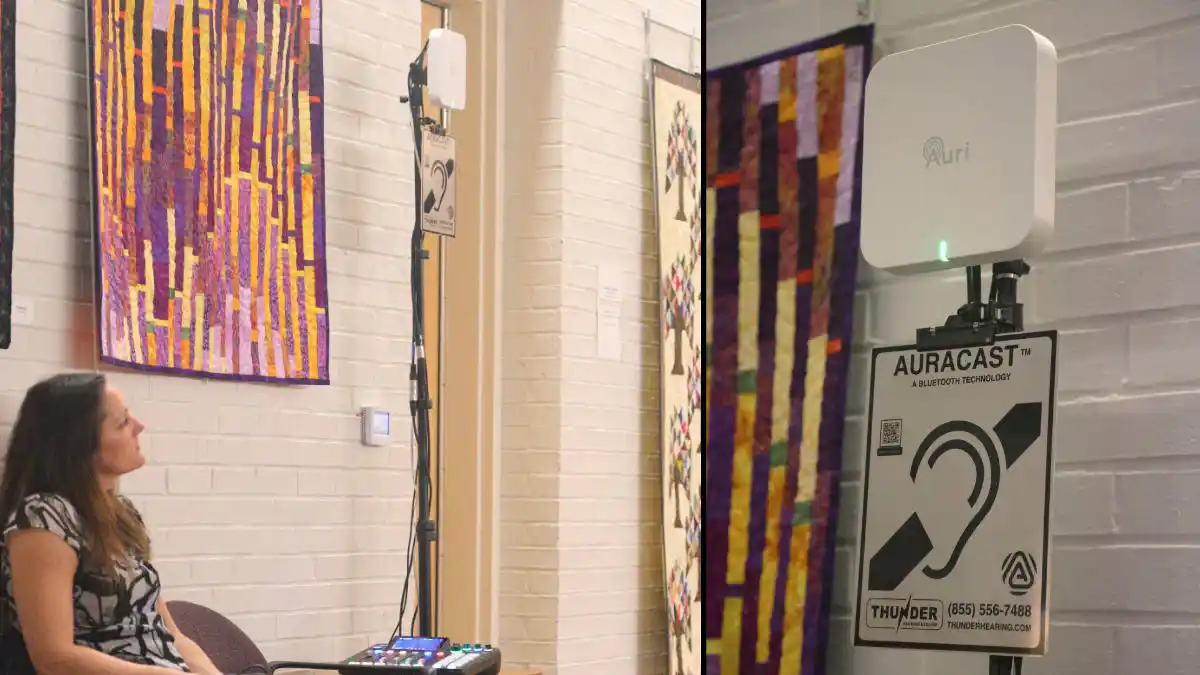 Auracast systems, like the one shown, act like a “radio station” for Bluetooth LE Audio, allowing users to tune in to audio in public venues via an unlimited number of hearing devices (hearing aids, cochlear implants, or compatible earbuds).