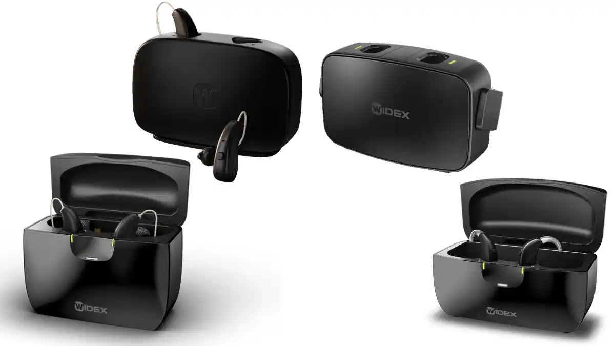 On the left are the Widex MOMENT SHEER standard (top) and Charge n Clean recharging cases; on the right are the same for the other rechargeable RIC and BTE models in the MOMENT line.