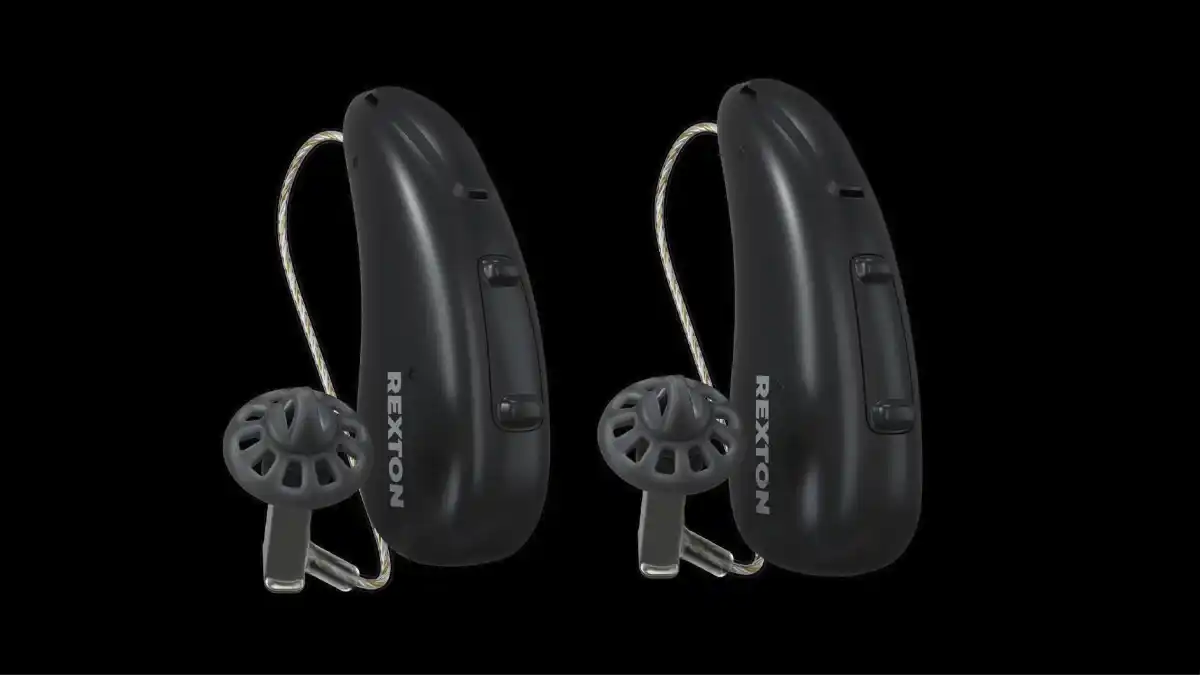 A set of two black Rexton Reach receiver in canal hearing aids