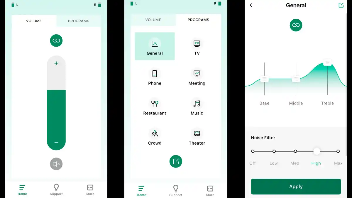 Here is the main Home tab within the Zepp app. You can control the volume (left), programs (center), and program customization for bass, middle, and treble (right). 
