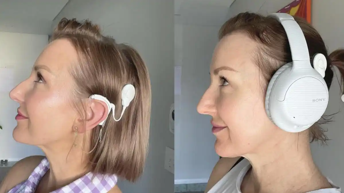 Sami R, a cochlear implant user, makes use of over-ear headphones that are large enough to cover the external processor completely.
