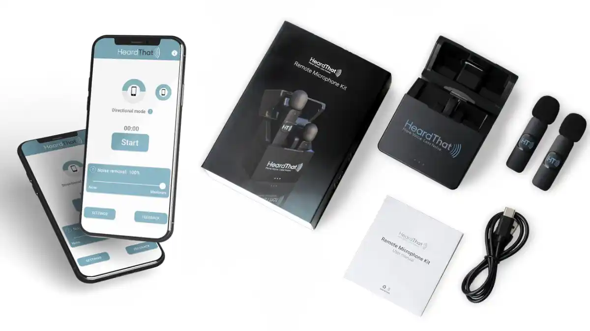Photo of unboxed contents of HeardThat app and remote mic kit