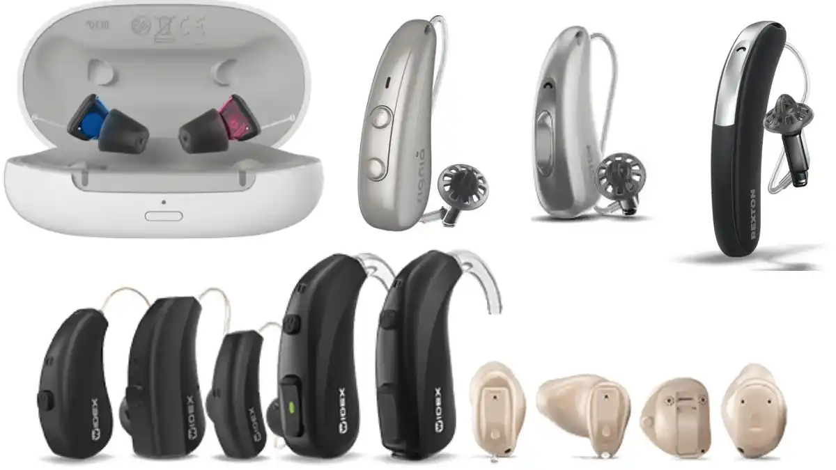 Examples of hearing aid styles of Signia, Rexton, and Widex brands