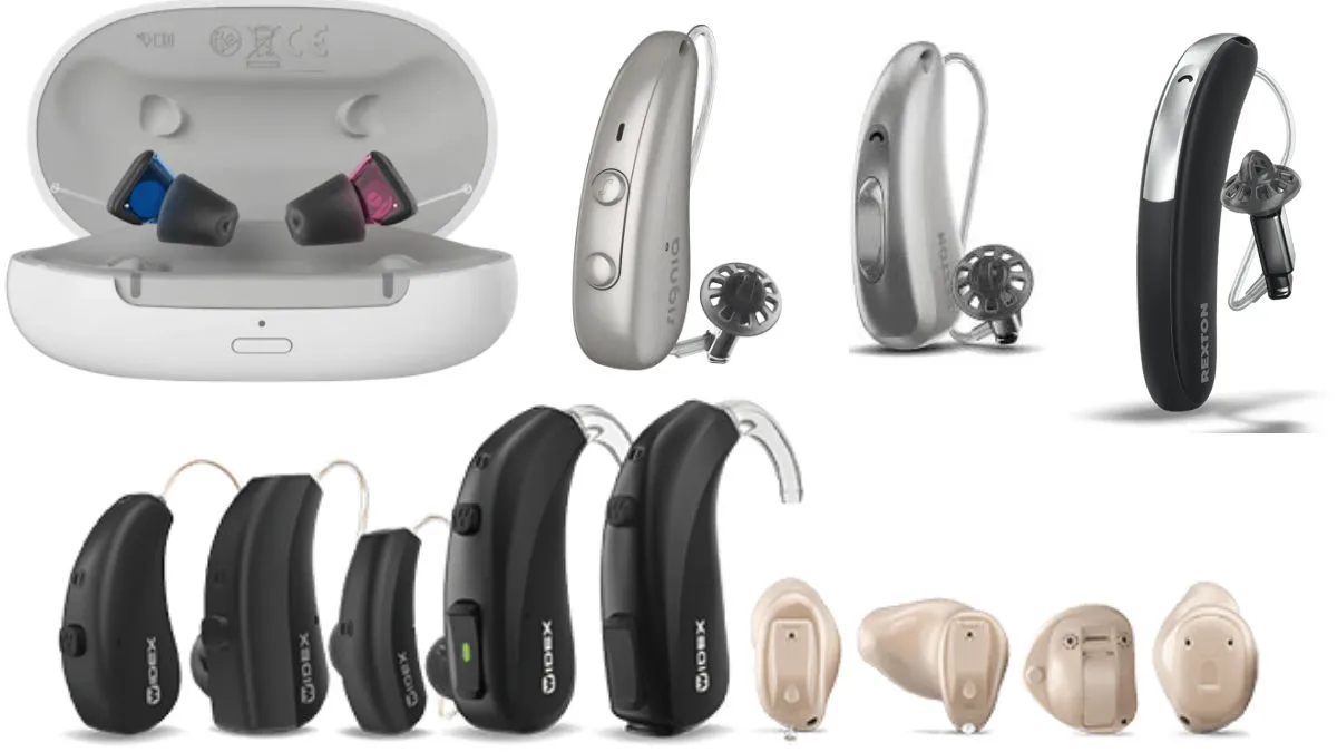 Examples of hearing aid styles of Signia, Rexton, and Widex brands