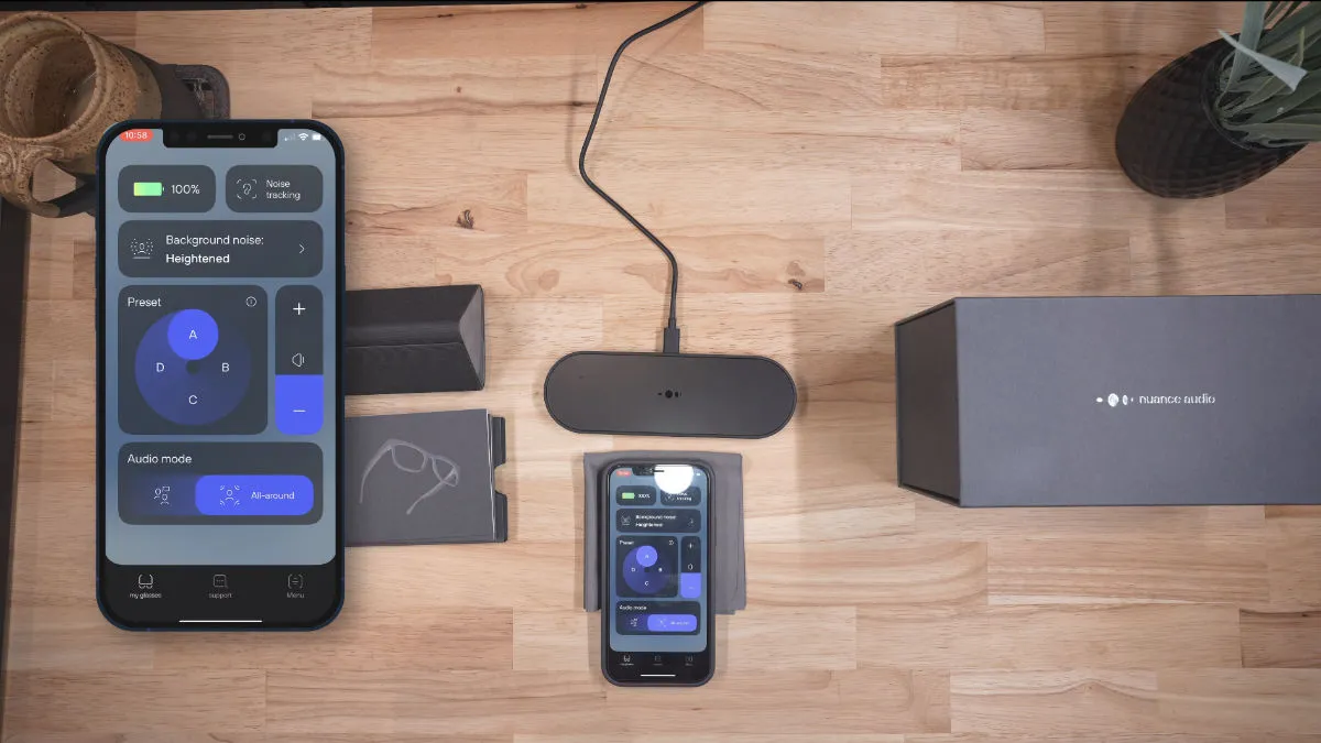 Here you can see me unboxing Nuance Hearing Glasses and switching between the available customization options within the Nuance Audio app.
