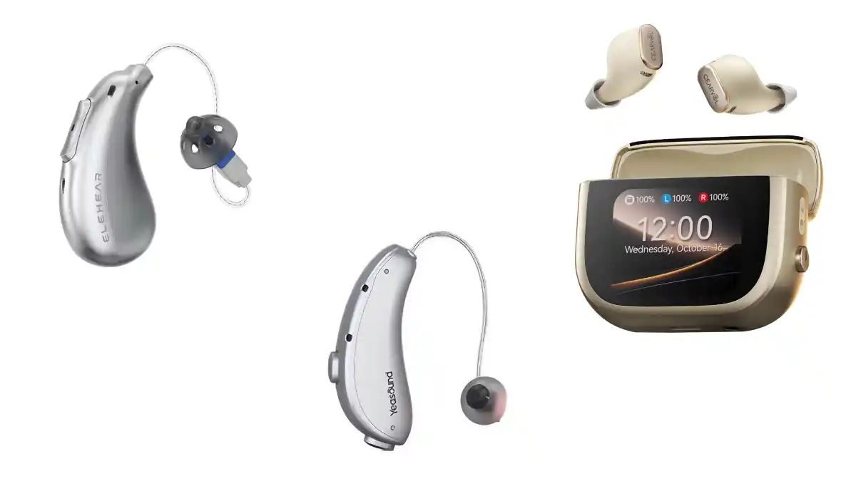 L to R: Elehear Beyond Pro, Yeasound RIC800, and Cearvol Wave OTC hearing aids.