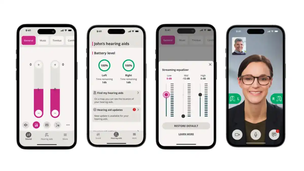The Oticon Companion app lets you monitor and control many hearing aid attributes, like (l to r) programs and volume; battery life and updates; and the streaming equalizer, as well as receive remote support from your hearing care professional in real time via a live video call.