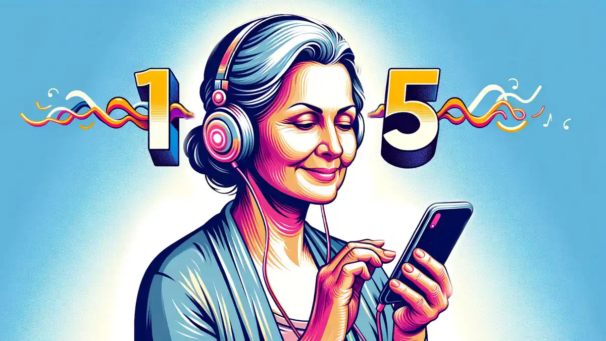Illustration of woman with headphones taking a hearing test on her smartphone