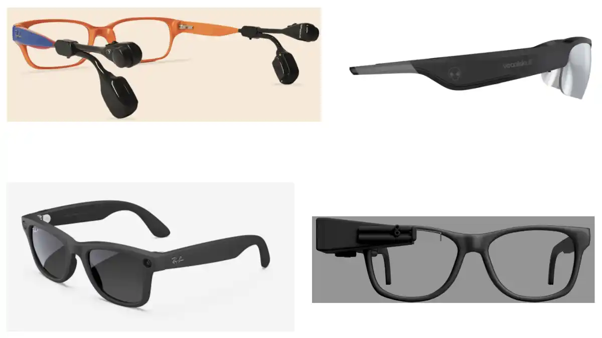 In addition to the Hearing Glasses described above, some examples of eyeglass-based technologies for better hearing and listening include (clockwise from top-left): traditional hearing aid glasses (e.g., Bruckhoff), bone-conduction glasses (Vocalskull), live-captioning glasses (TranscribeGlass), and audio frames/smartglasses (Ray-Ban Meta).