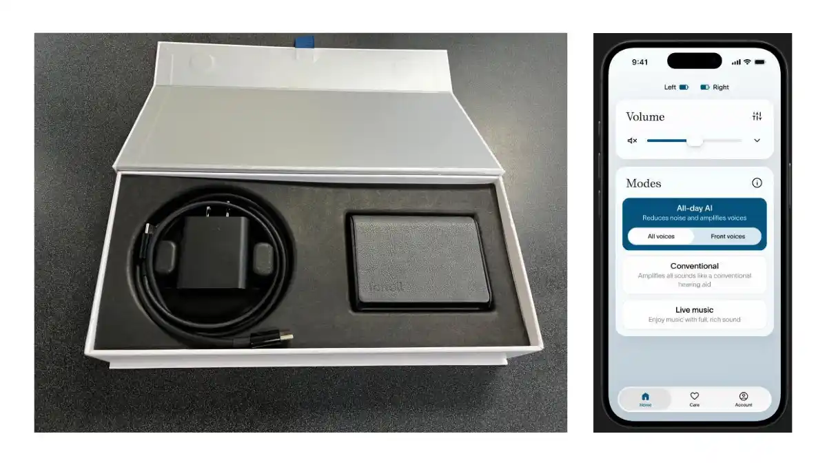 On the left, what the unboxing of the Fortell hearing aids looks like. On the right, a photo of the main app screen with volume control and four modes: All-Day AI (with a switch for "AI Voices" and "Front Voices"), Conventional, and Live Music programs.