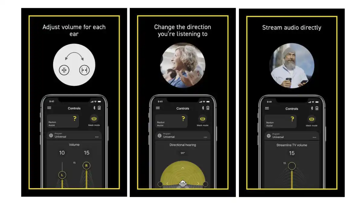 Three screenshots of Rexton app controls for volume, directional control, and audio streaming