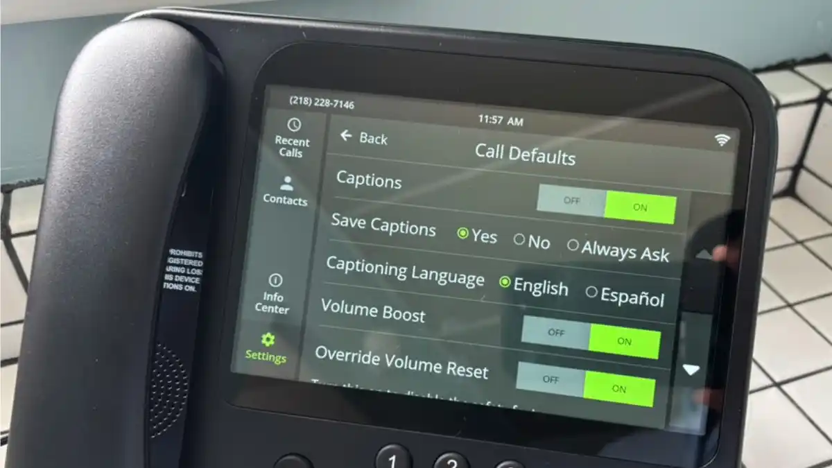 The CaptionCall phone brings you through a number of Default settings (e.g., Captions On/Off, Save Captions, English/Spanish, etc.) which you can set and leave, or come back to and adjust later.