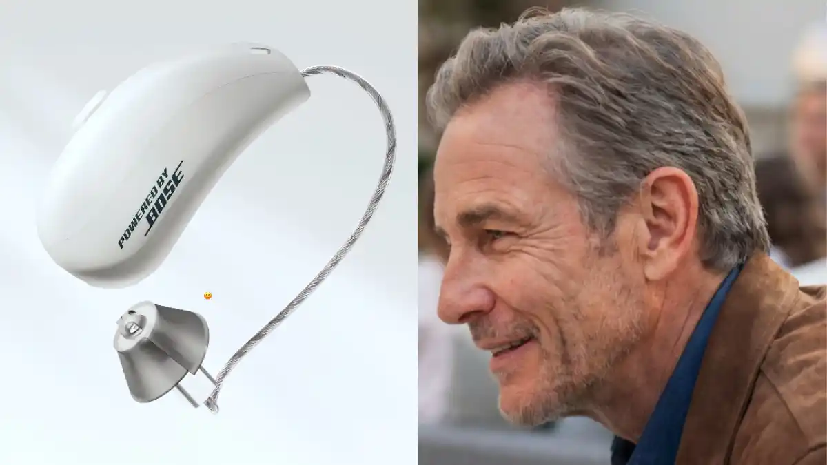 On left, a closeup of the Lexie B3 Powered by Bose receiver-in-canal (RIC) hearing aid, and a side view of how it looks when being worn.