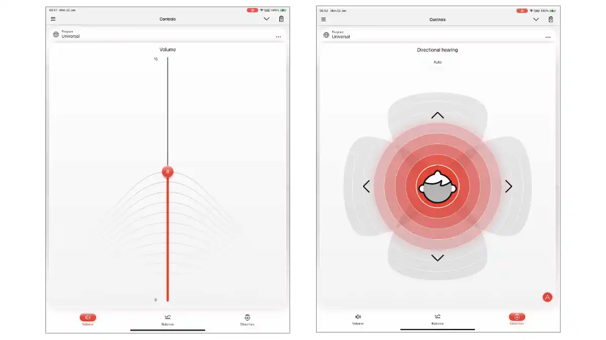 Signia App's control screens for volume and directional hearing.