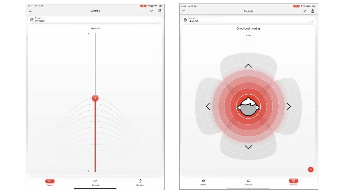 Signia App's control screens for volume and directional hearing.