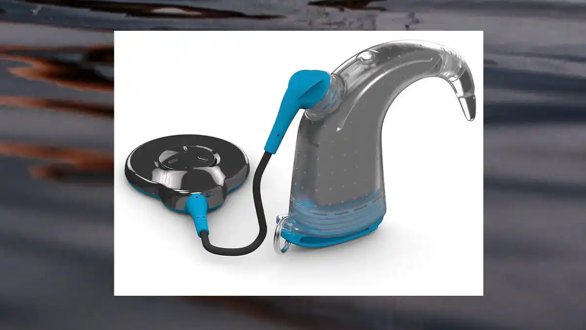 The Cochlear Aqua+ accessory improves the Nucleus 8 processor to an IP68 rating and allows the wearer to swim with the device.