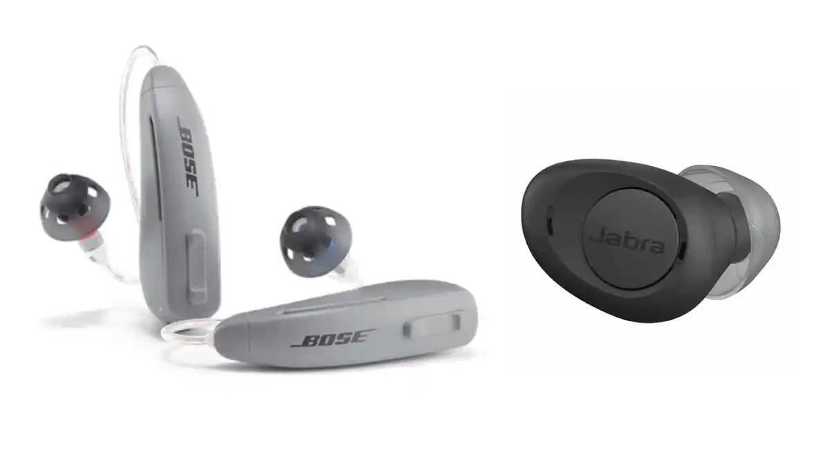 The Bose SoundControl hearing aids and the Jabra Enhance Plus earbuds were the first "self-fitting hearing aids" approved for use by the FDA. (Devices not shown to scale.)