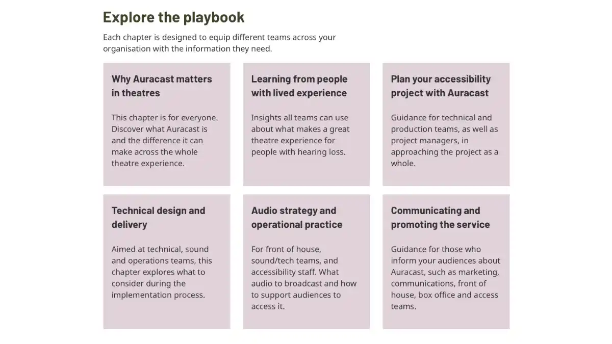 Screenshot from RNID's "[Auracast for Theatres](https://rnid.org.uk/employers-and-professionals/make-your-venue-accessible/auracast-for-theatres/)" playbook.