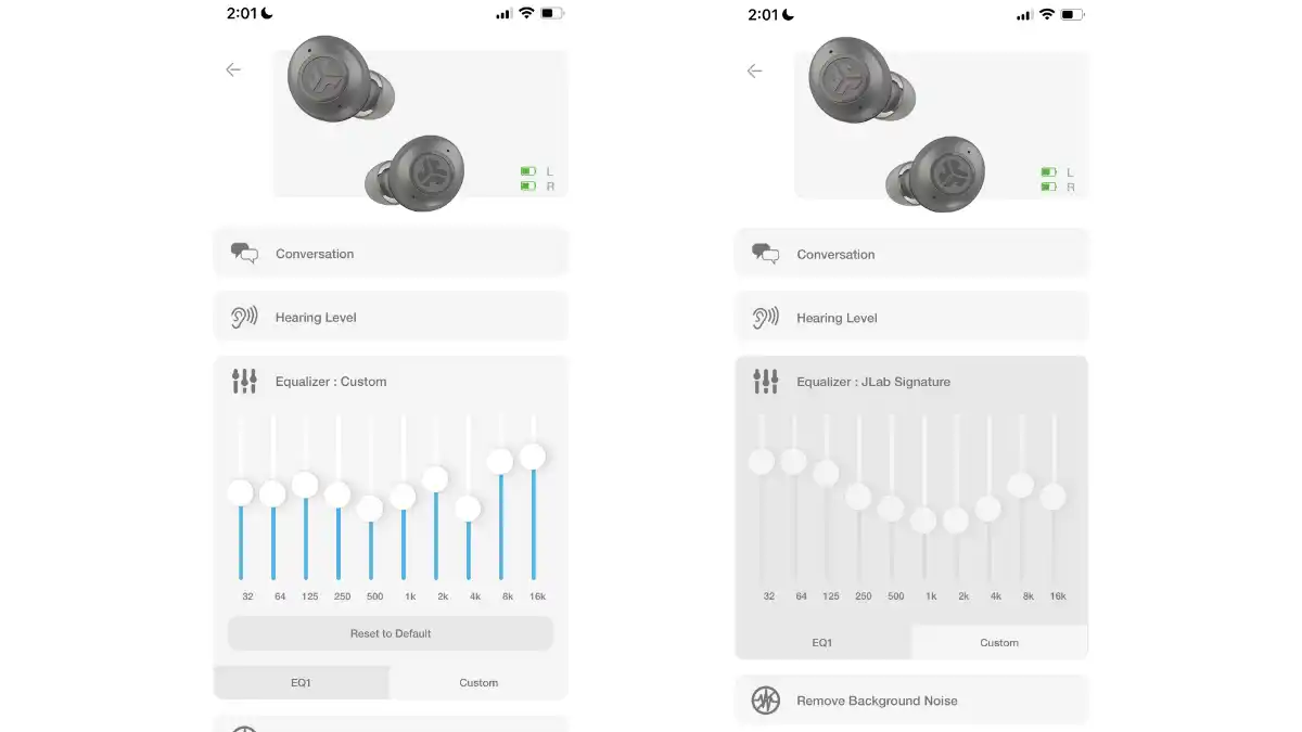 The app also provides you with an equalizer to further customize the sound to your own preferences—and can be reverted to the default setting (second panel) if needed. Unfortunately, the equalizer is only available for audio streaming and not for amplification.