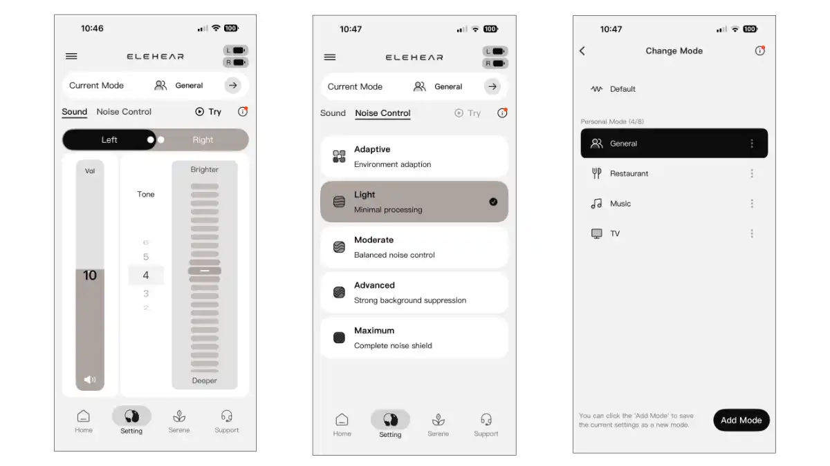 The ELEHEAR app is easy to use with (l to r) screens for 1) Volume and tone control; 2) Noise control, and 3) Program/situation settings.