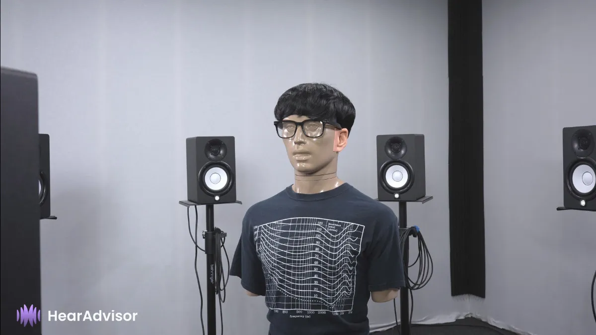 Nuance Audio Glasses being tested on the KEMAR manikin in the HearAdvisor lab.
