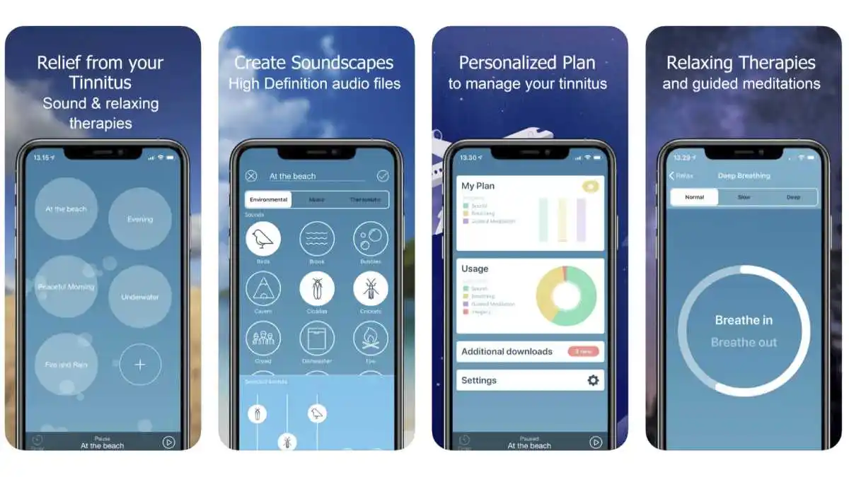 Screenshots of ReSound Tinnitus Relief App for creating custom sound therapy audio files