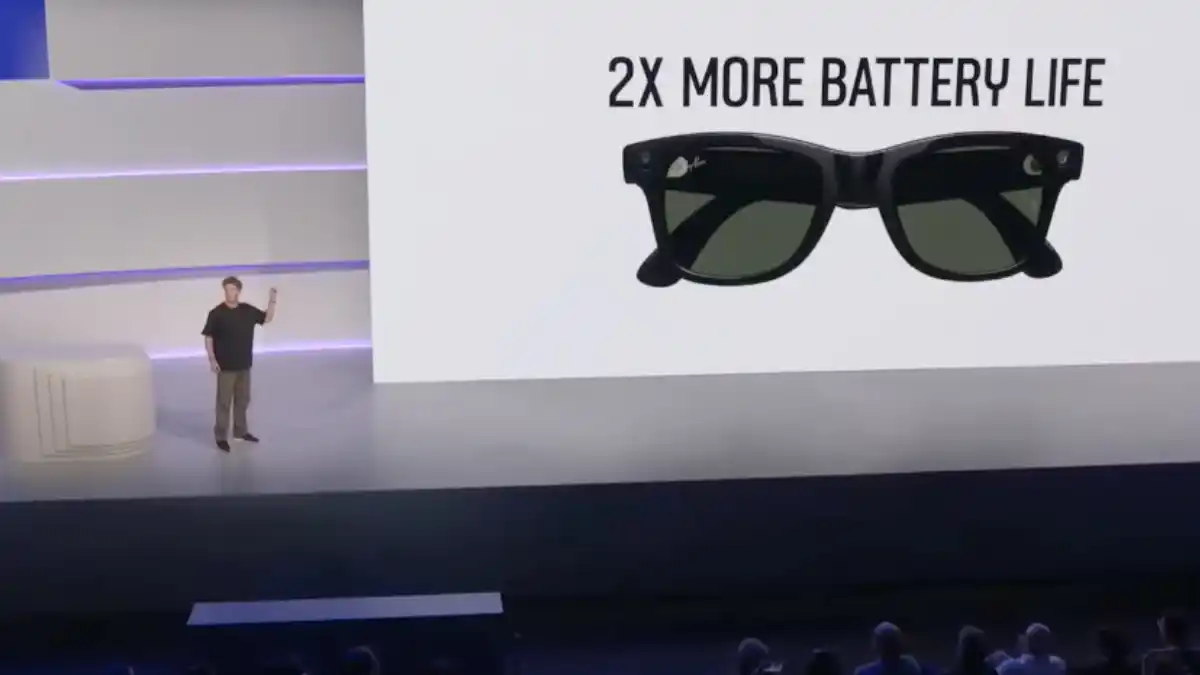 Screenshot of Meta Founder and CEO Mark Zuckerberg unveiling Ray-Ban Meta (Gen 2) and Conversation Focus at the company's September 17 Connect Event.