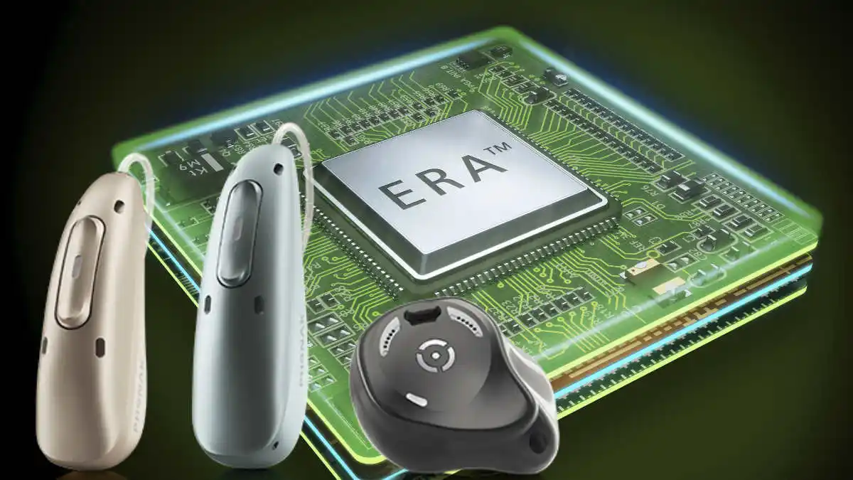 Three hearing aids set against the ERA chip that drives Infinio