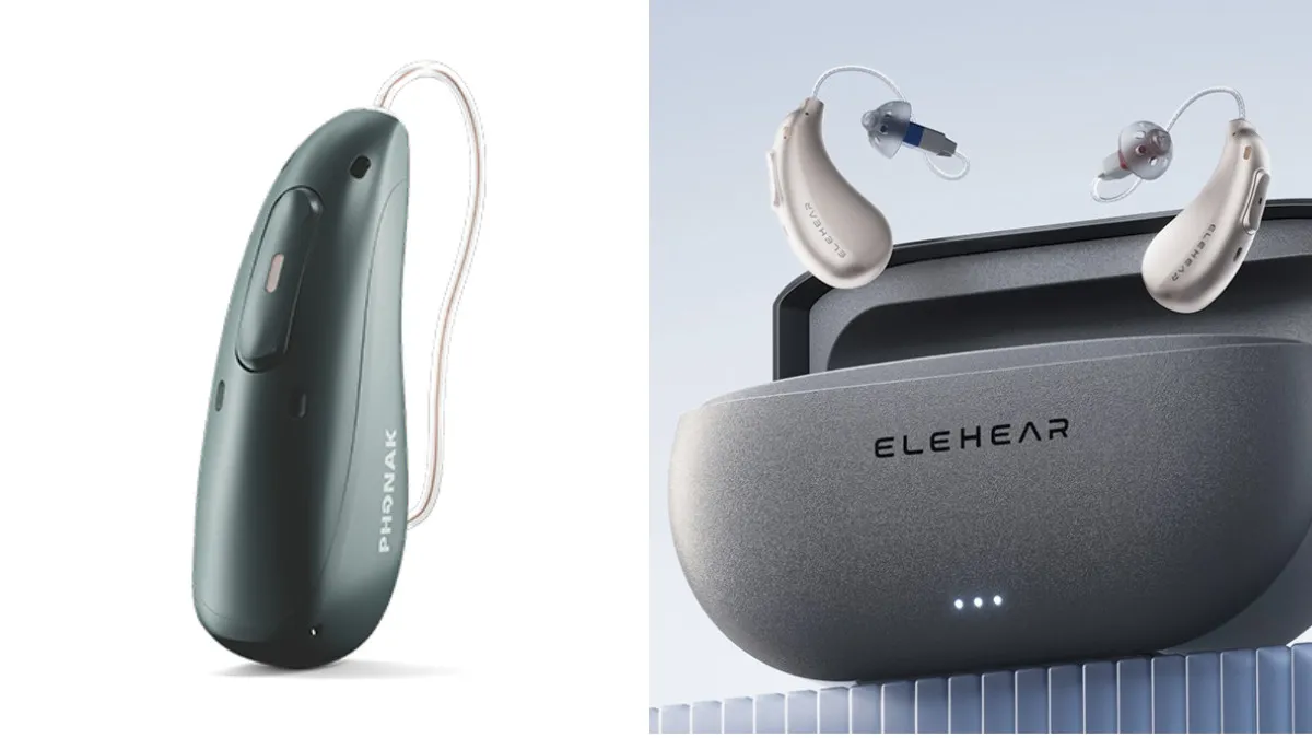 The Phonak Audéo Sphere Infinio (on left) is one of the best high-end, prescription hearing aids on the market, while the Elehear Beyond (on right) is a good value-priced OTC hearing aid.