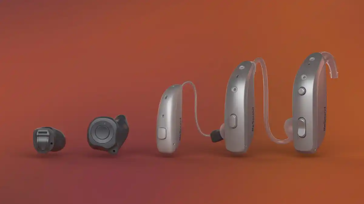 Vivia is available in Receiver-in-Ear (RIE) styles, while Nexia is offered in a wider range, including (l to r): Completely-in-Canal (CIC), In-the-Canal (ITC), mini RIE, standard RIE, and Behind-the-Ear (BTE) hearing aid models.