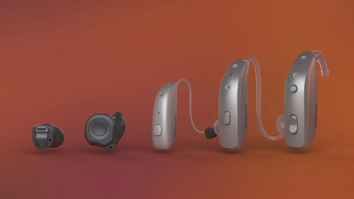 Although the latest Vivia hearing aids are currently available only in Receiver-in-Ear (RIE) styles, ReSound's previous flagship hearing aid, Nexia, is offered in all styles, including (l to r): Completely-in-Canal (CIC), In-the-Canal (ITC), mini RIE, standard RIE, and Behind-the-Ear (BTE) hearing aid models.
