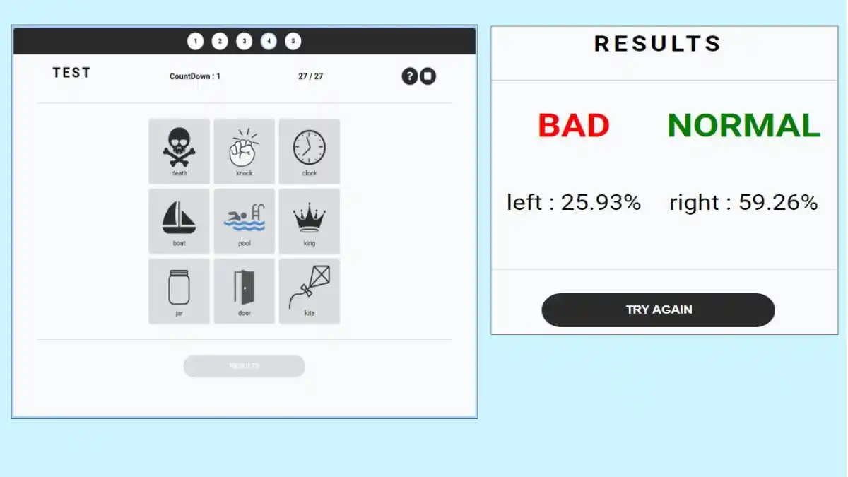 On left: Check Hearing online speech comprehension test. On right: Results of my test (Note: I have a unilateral hearing loss in left ear).