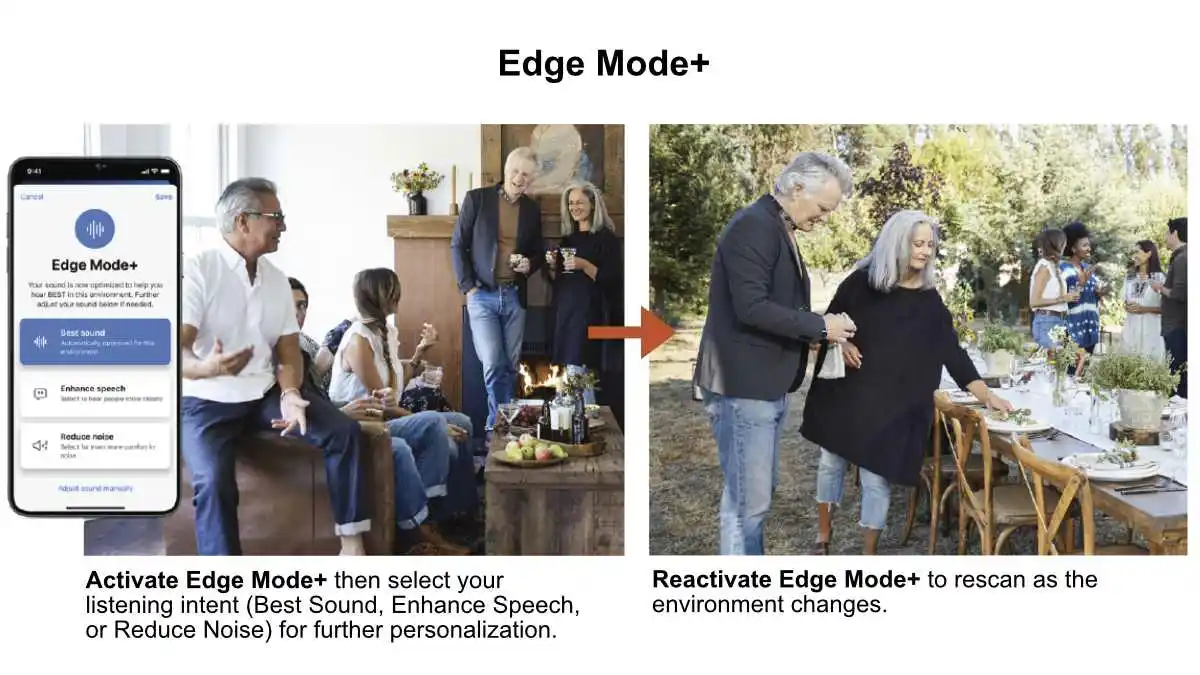 Edge Mode+ in the Starkey app gives you the ability to select your listening intent using three setting options: Best Sound (default setting), Enhance Speech, or Reduce Noise.