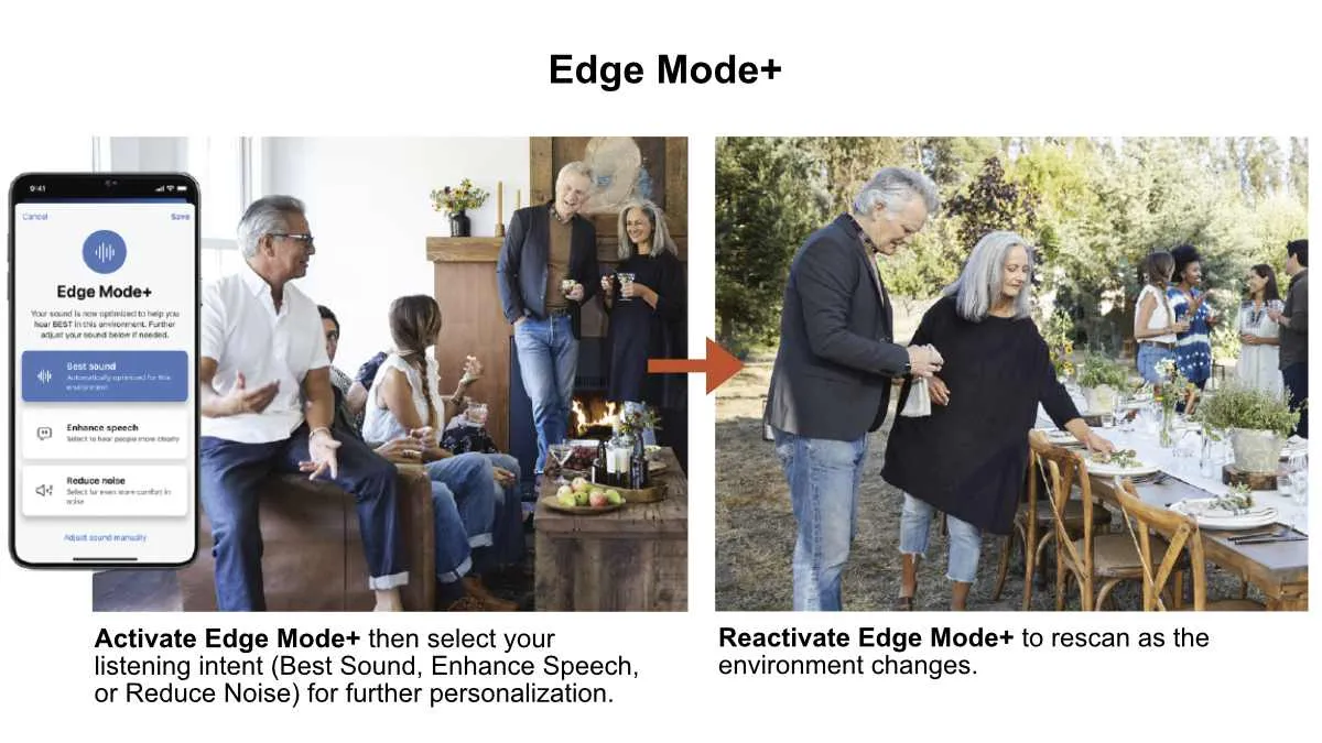 Edge Mode+ in the Starkey app gives you the ability to select your listening intent using three setting options: Best Sound (default setting), Enhance Speech, or Reduce Noise.