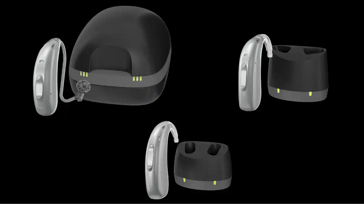 Three Rexton hearing aids and their corresponding chargers