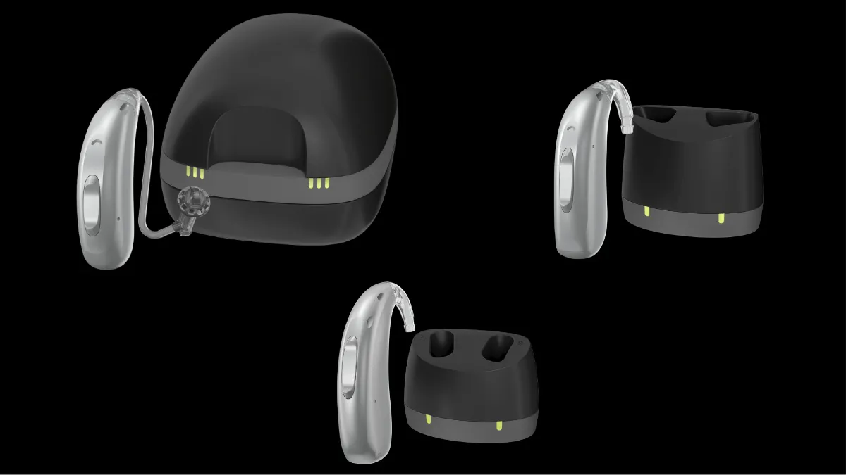 Three Rexton hearing aids and their corresponding chargers