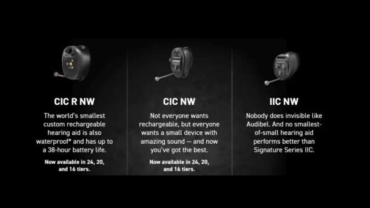 Three tiny Signature Series in-ear hearing aids: the CIC R NW, CIC NW, and IIC NW