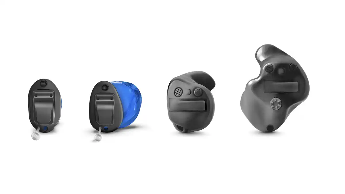 The Signia Insio IX family includes (l to r) invisible-in-canal (IIC), completely-in-canal (CIC), in-the-canal (ITC), and in-the-ear (ITE) styles.