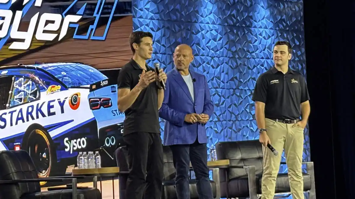 Starkey NASCAR team drivers William Sawalich (left) and Sam Mayer (right) join Brandon Sawalich on stage for an update on their 2025-26 racing highlights.