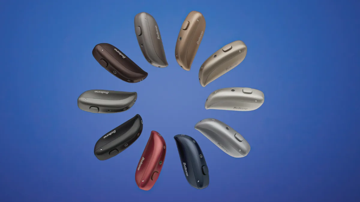Circle of 10 Beltone Envision devices in different colors