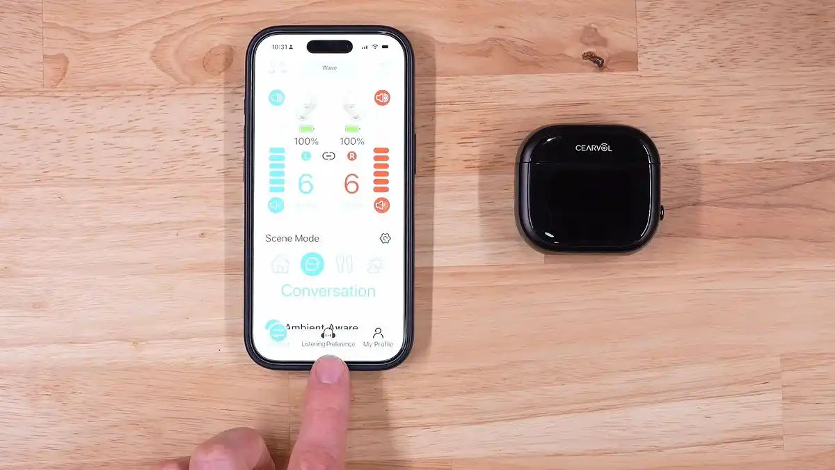 Cearvol Wave hearing aid app and charging case.