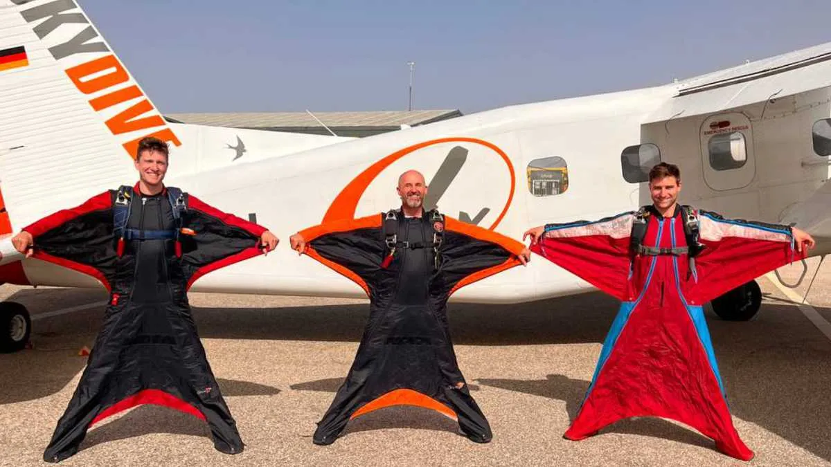 Allsop with two friends ready to try out a different type of skydiving.